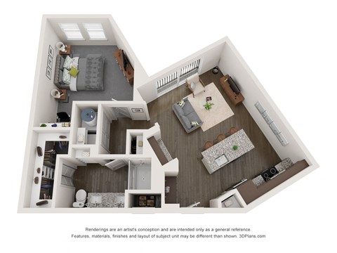 Floor plan for 1 bed, 1 bath, 752 sqft